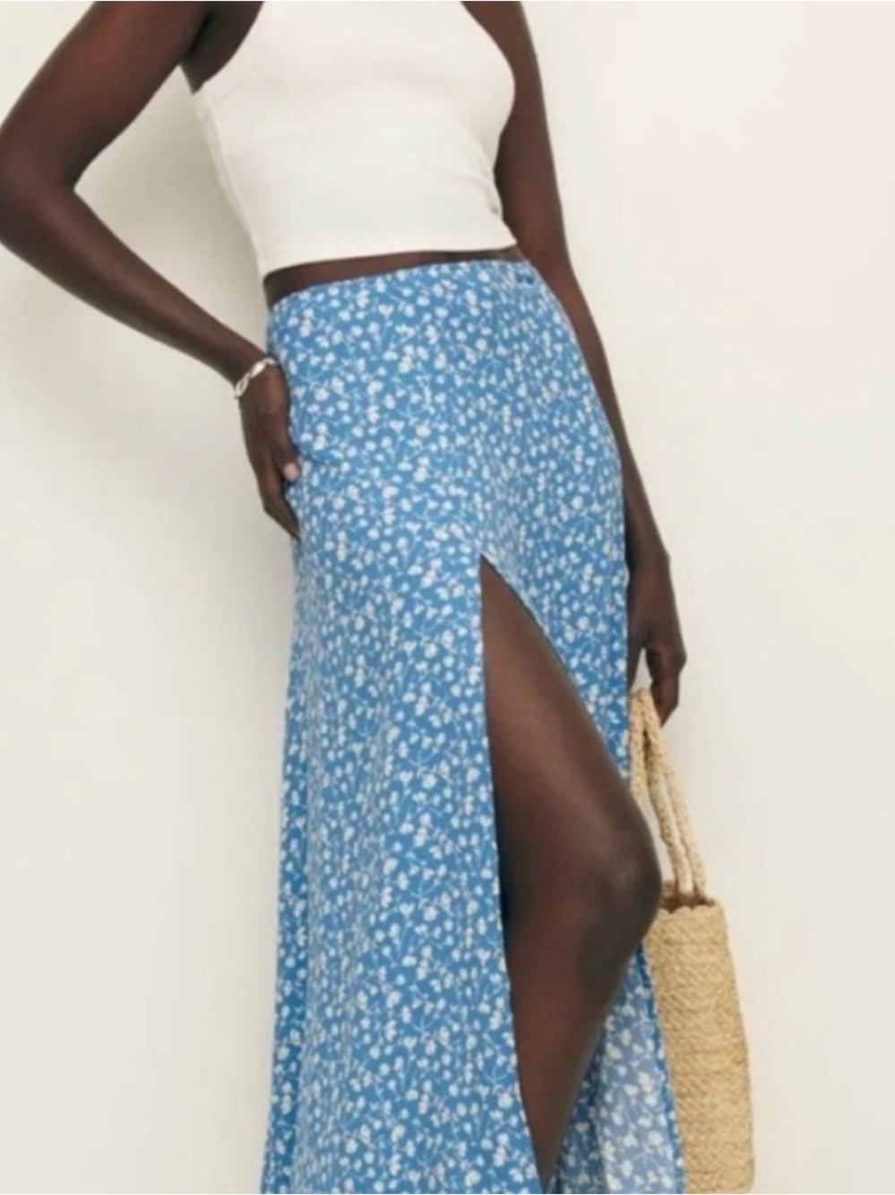 Reformation Blue Floral Midi Skirt with Thigh Slit